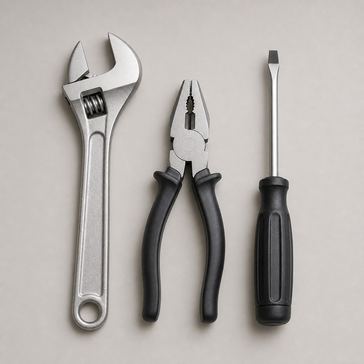 Hand tools including pliers, wrench and screwdriver