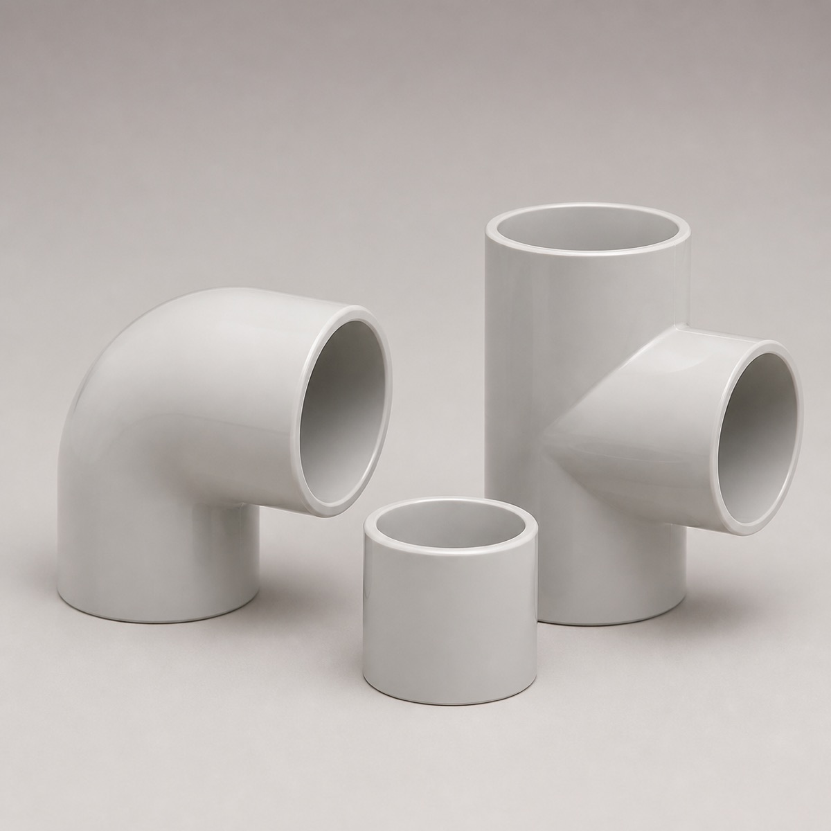 PVC pipe fittings including elbow, tee and coupling